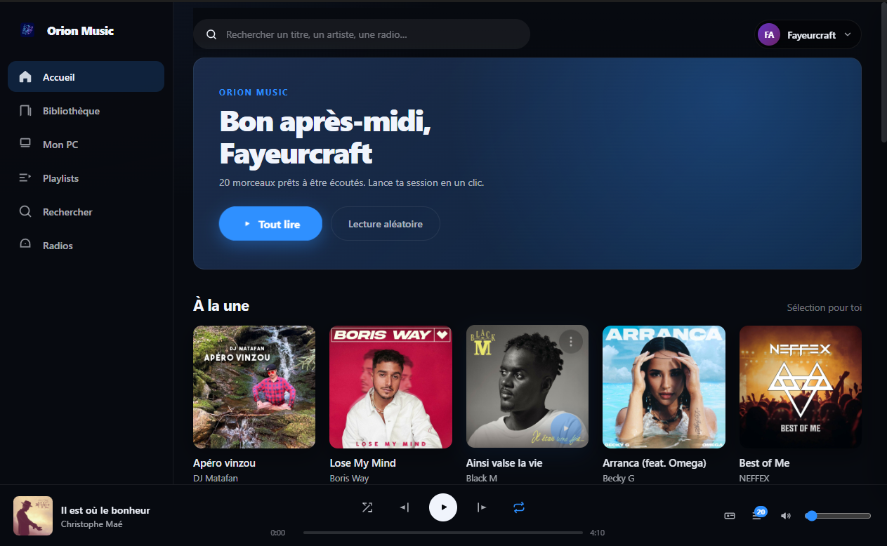 Nouvelle interface — accueil personnalisé, lecteur en bas — Orion Music
