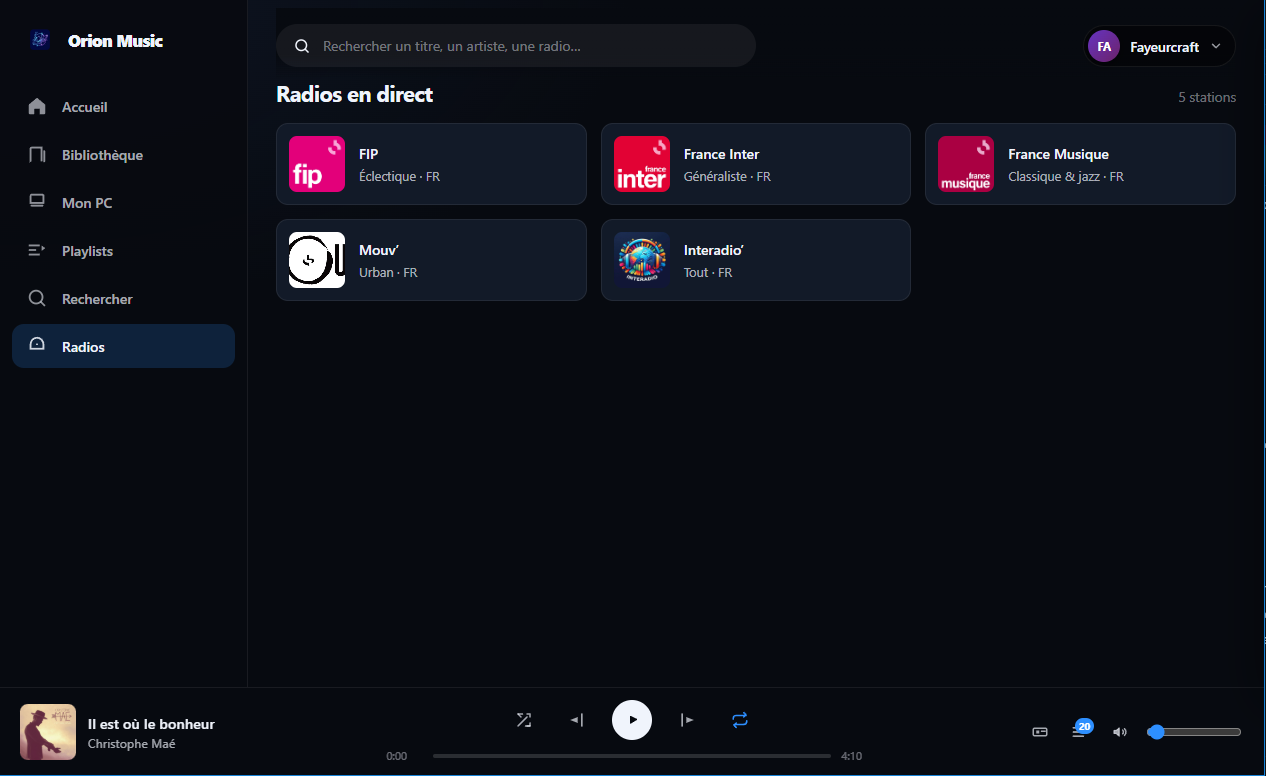 Nouvelle interface — page Radio, lecteur en bas — Orion Music